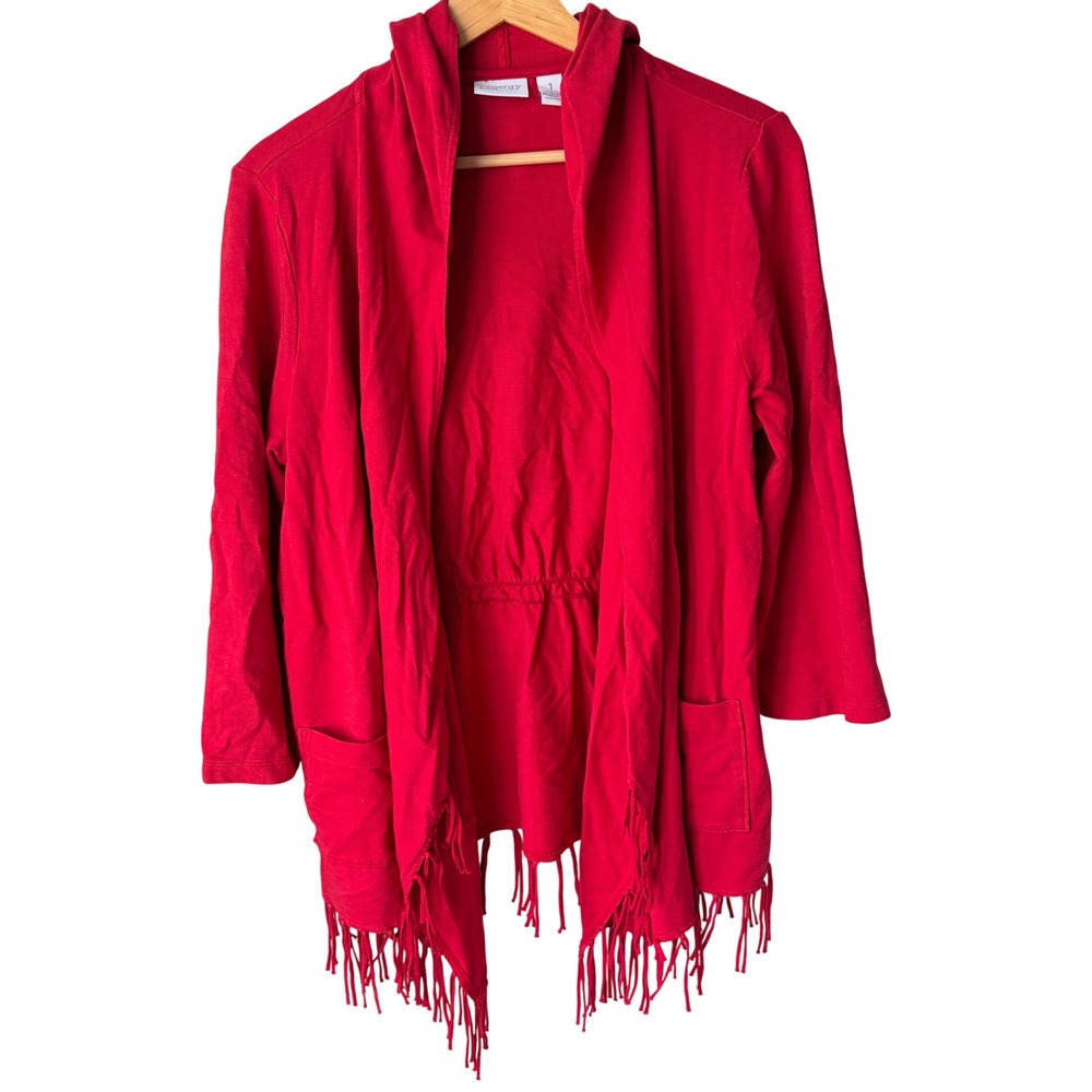 Zenergy by Chicos Red Hooded Fringe Cardigan Open Front Pockets Size 1 Medium